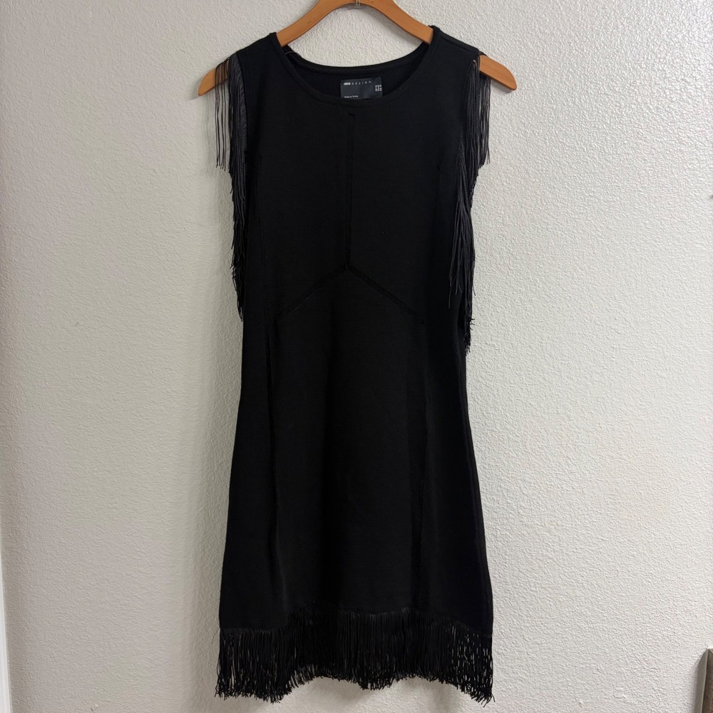 ASOS DESIGN Womens Black Knit Fringe Mini Dress Sleeveless Flapper Style US 10